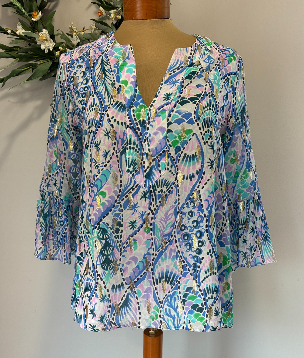 Lilly Pulitzer Silk Elenora Coastal Blue Tails Of The Sea Blouse Beach, Size S